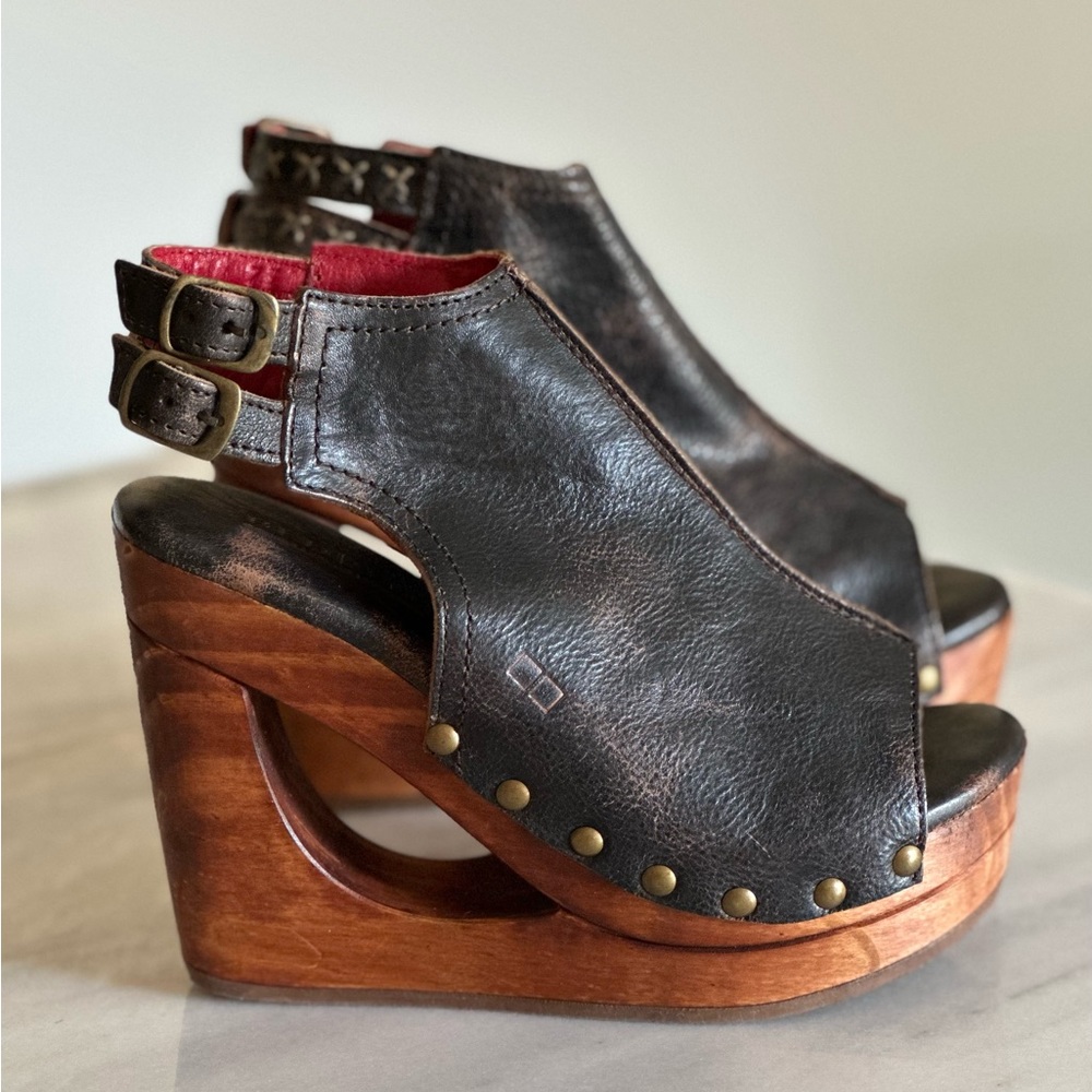 NWT BedStu Imelda wood heel platform wedge leather sandal 7.5 black lux